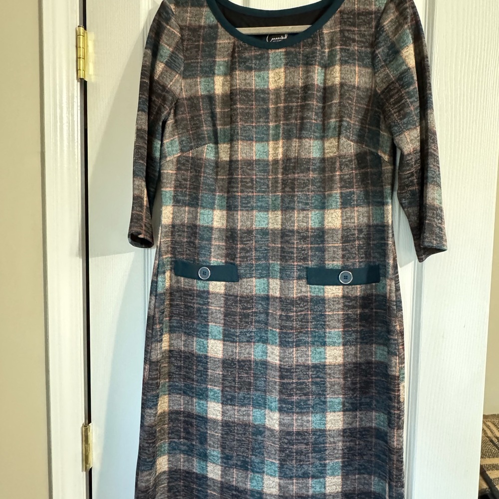 Connected Apparel Plaid Dress with Teal and Cream